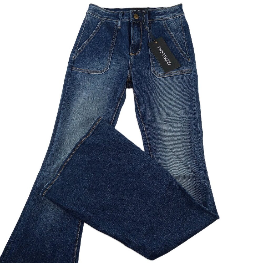 Driftwood Women's Farrah Flare Leg Jeans Size W24 L34 Dark Wash Mid Rise